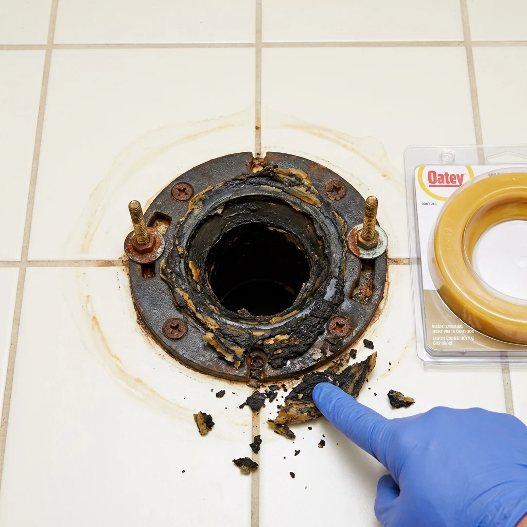 Failed wax ring showing water seepage at the base of a toilet in a Centerville, MO home