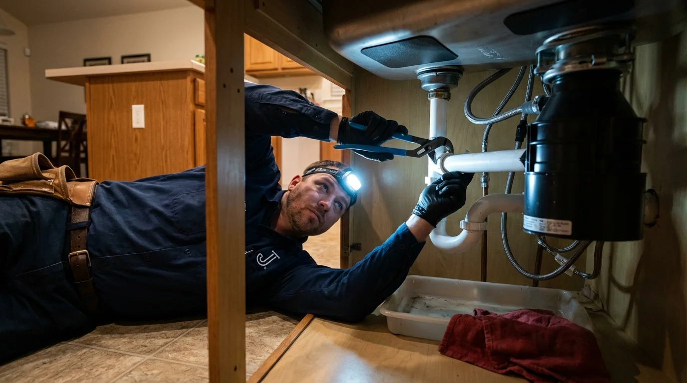 P-trap and supply line connections under a kitchen sink showing a common leak point in Centerville, MO